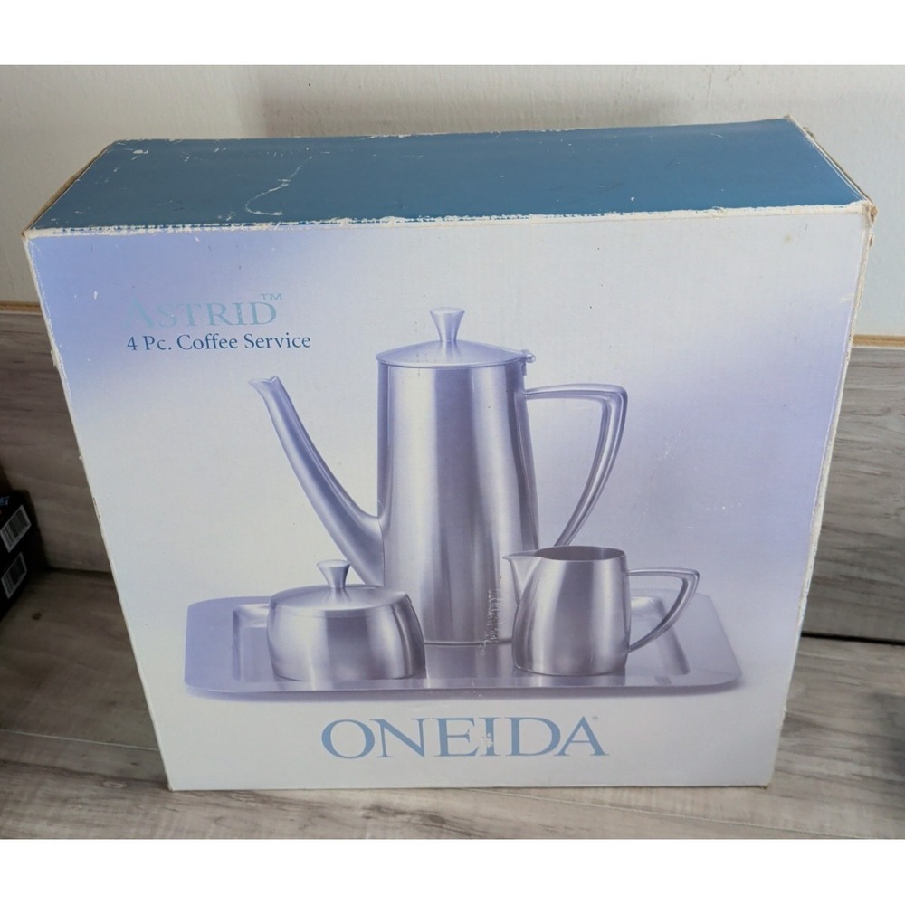 ONEIDA ASTRID 4 Pc. Coffee Service Stainless Steel 40oz Pot Tray Cream/Sugar